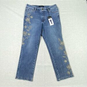 Stitch Star Pull On Jeans Women's M Floral Embroidered Straight Leg Ankle NWT
